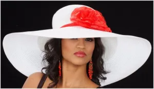 AC7028-Wide brim kentucky derby style hat with red flower and red trim