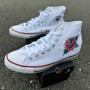 Custom Traditional Rose Tattoo on White High Top Converse