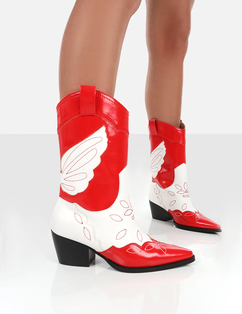 Howdy Red Patent Pointed Toe Western Cowboy Block Ankle Boots