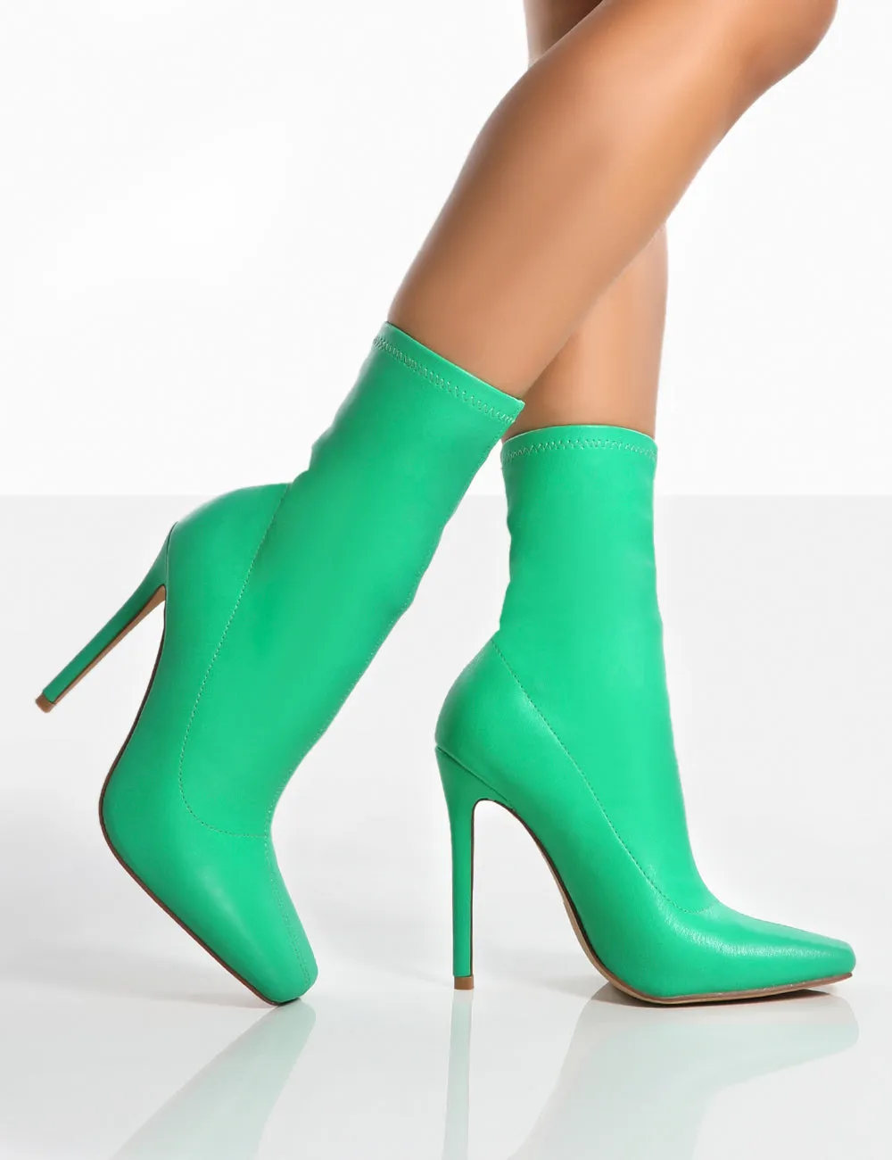 Lars Green Pu Sock High Heeled Ankle Boots