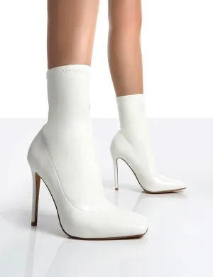 Lars White Pu Sock High Heeled Ankle Boots