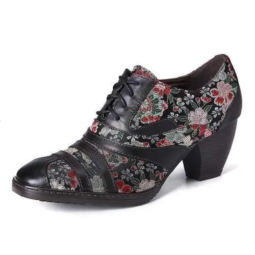 Retro Flower Low Heel Pumps