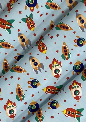 Rockets Spaceships Cotton Print Fabric Space Theme 45" Wide 100% Craft Poplin Dress Material D#141 - Sky