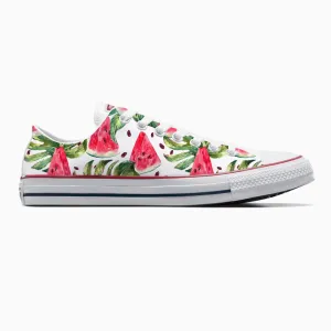 Watermelon Pattern on White Low Top Converse Shoes - Men's and Women's Custom Tie Lace Up Sneakers